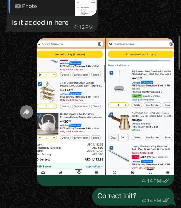 WhatsApp chat: a screenshot of the shopping cart with tea pots, a coffee pot and serving stands